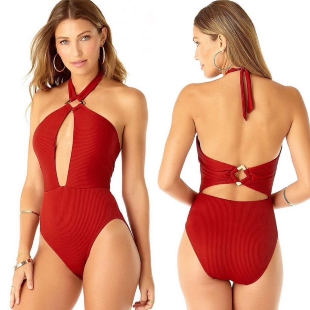 🍷ANNE COLE Studio Oh My Goddess One Piece Red Gold Halter Swimsuit - Picture 2 of 9